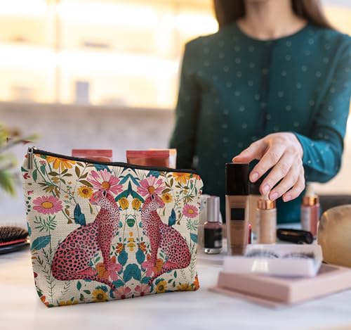 Floral Leopard Makeup Bag, Hot Pink Preppy Leopard Cheetah Makeup Bag, Preppy Stuff, Leopard Print Gifts for Women, Floral Cosmetic Bag Makeup Pouch3