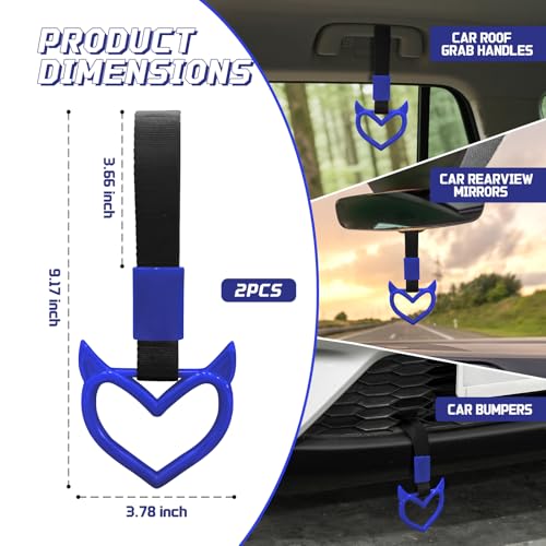 Image of 2 Pcs Devil Heart Shaped Car Handle Strap - JD M Drift Charm Rear Bumper Warning Ring Decor for Car Interior Exterior, Subway Bus Handle Accessory, Cute Heart Car Decor Gift (Blue)