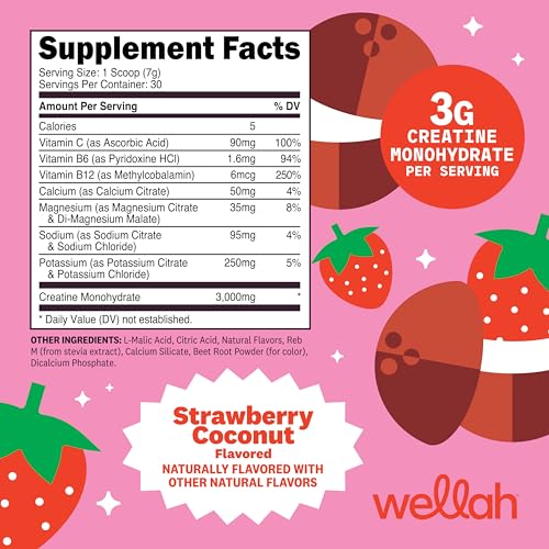Image of Wellah Creatine + Electrolytes Powder (Strawberry Coconut) 30 Servings - Hydration Drink Mix with 3g of Creatine Monohydrate