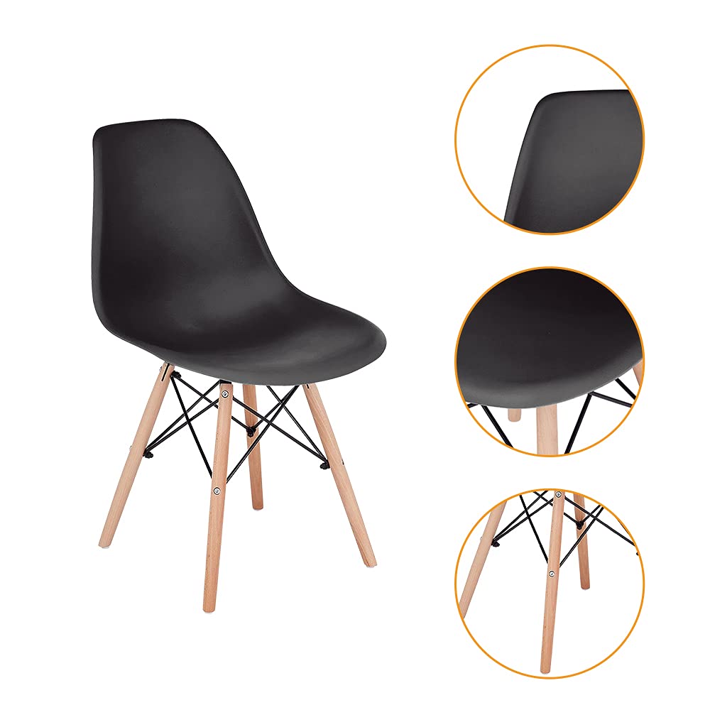 CangLong Modern Mid-Century Shell Lounge Plastic DSW Natural Wooden Legs for Kitchen, Dining, Bedroom, Living Room Side Chairs, Set of 2, Black