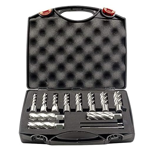 Annular Cutter Set 13 pcs JESTUOUS 3/4 Inch Weldon Shank 2 Cutting Depth and Cutting Diameter from 7/16 to 1-1/16 for Drill Press HSS Standard Kit Two Flat with 2 Pilot Pins