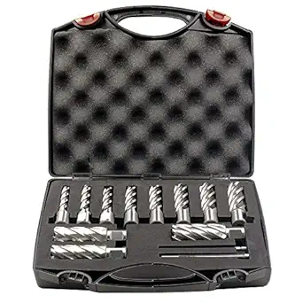 Annular Cutter Set 13 pcs JESTUOUS 3/4 Inch Weldon Shank 2 Cutting Depth and Cutting Diameter from 7/16 to 1-1/16 for Drill Press HSS Standard Kit Two Flat with 2 Pilot Pins