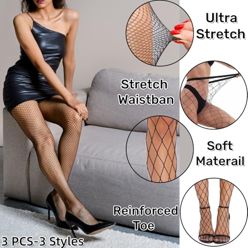 VOVEA Fishnet Stockings for Women, Stretchy Fishnet Tights High Waist Fish Nets Leggings Pantyhose, 3 Style Fishnets One Size2