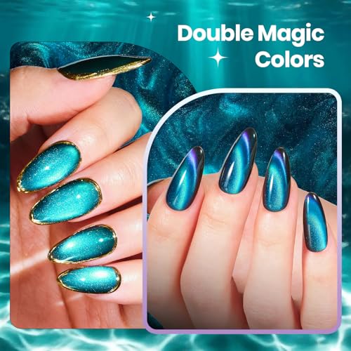 Image of Beetles Deep Sea Aurora Cat Eye Gel Nail Polish - 15ML 9D Chameleon Cat Eye Green Purple Double Magic Colors Gel Polish with Magnet Soak Off UV Velvet Gel Nail Art Design Gift for Women