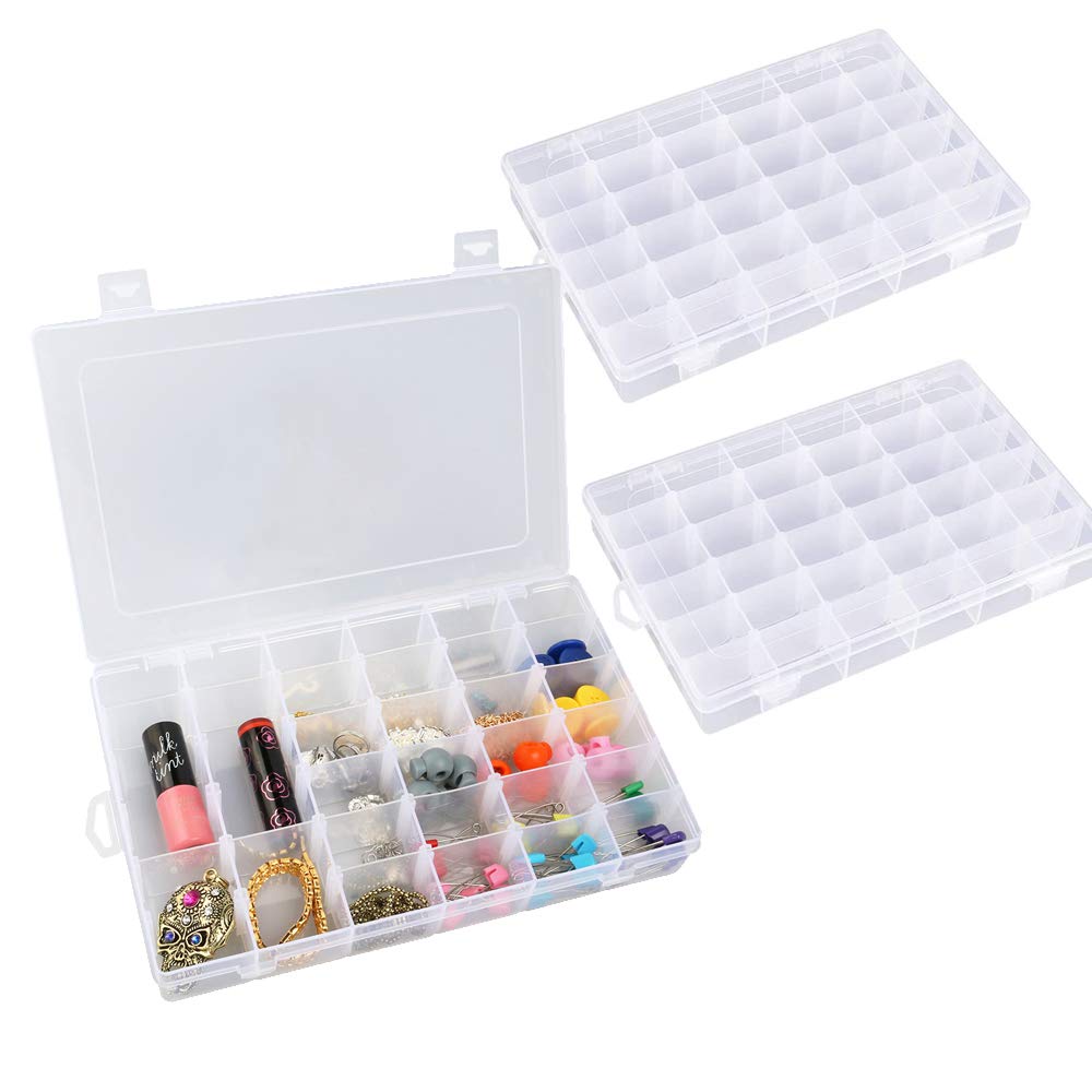 Eutuxia Clear Plastic Jewelry Organizer Box with 36 Compartments, Hard Storage Box with Adjustable Dividers [3 Pk]