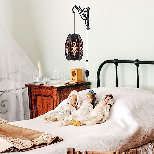 Image of Farmhouse Plug in Wall Lantern Sconces Set of Two,Black Rusti Wall Hanging Lamps Plug in for Bedrooms,Boho Dimmable Haing Wall Mounted Lights for Bedside Bedroom Living Room
