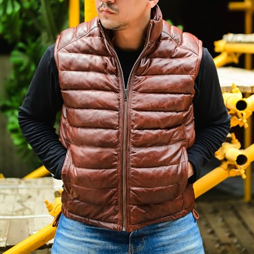Jild Lambskin Leather Puffer Vest with Removable Hood - Stand Collar Casual Style Sleeveless Leather Jacket Men2