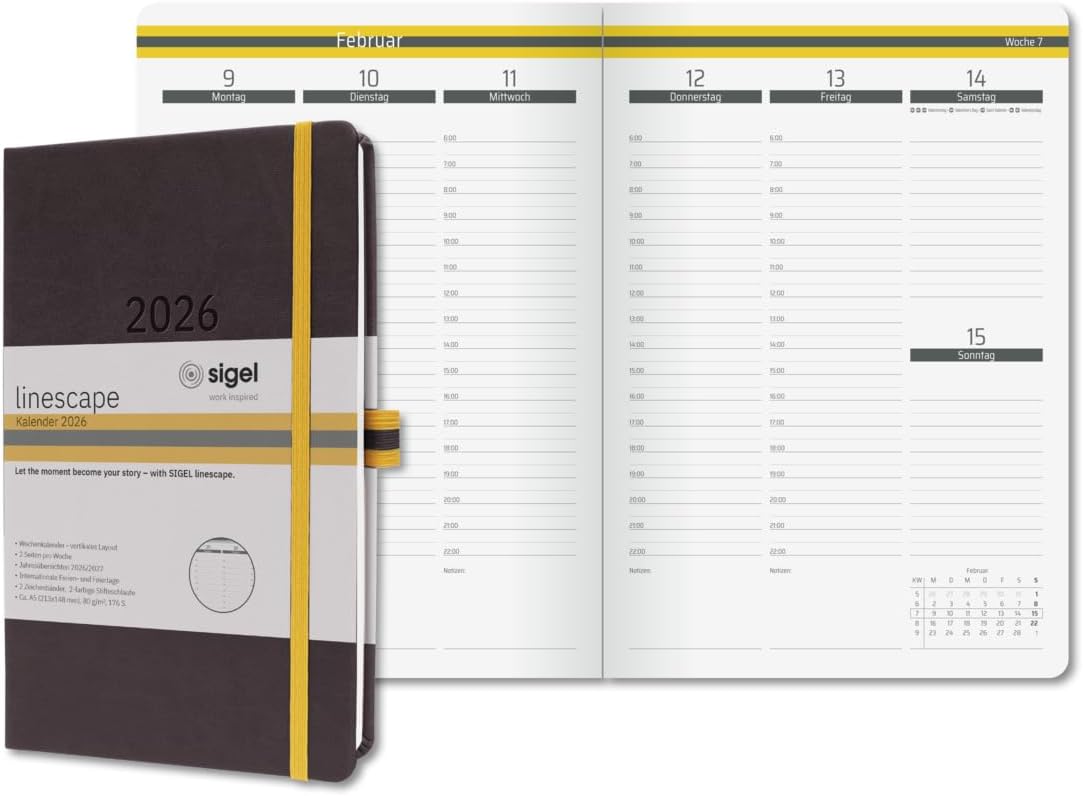 SIGEL L2607 Weekly Planner 2026 A5, Hardcover, Dark Grey/Yellow, German Calendar, 176 Pages, FSC Certified, Calendar Book Diary Linescape