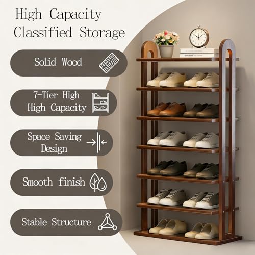 Image of 7-Tier Solid Wood Shoe Rack, Tall Narrow with Removable Shelves, Space Saving Shoe Organizer for Entryway Closet Corner Doorway, Walnut