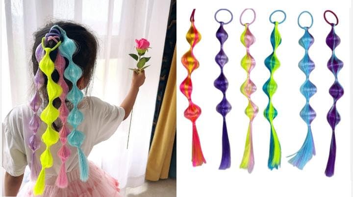 HAIR WALA™ 06 PCS Double Shade Coloured Hair Extensions,Ponytail Extension with Hair Tie Pony Tails Extensions Synthetic Hair Extensions Ponytail Ombre Crazy Hair Day, 18 Inch Long