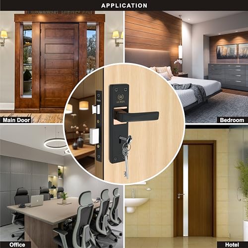 Image of ALWIN Diamond Plus KY, 8 Inch Iron Mortise Lockset, 6 Lever Double Turn Lock, 3 Keys, Ideal for Main Door, Bedroom, Living Room, Bathroom and office in Both for Right and Left Hand Doors (Plus, Black)