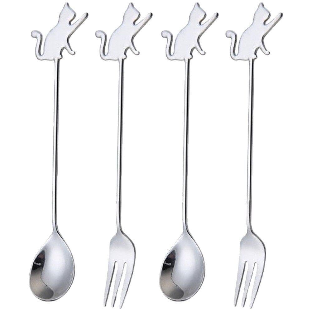 Wudaizhi Silver Pastry Fork And Tea Spoon Set 4Pcs Cat Stainless Steel Dessert Forks Spoons Mini Cake Spoon Dessert Fork