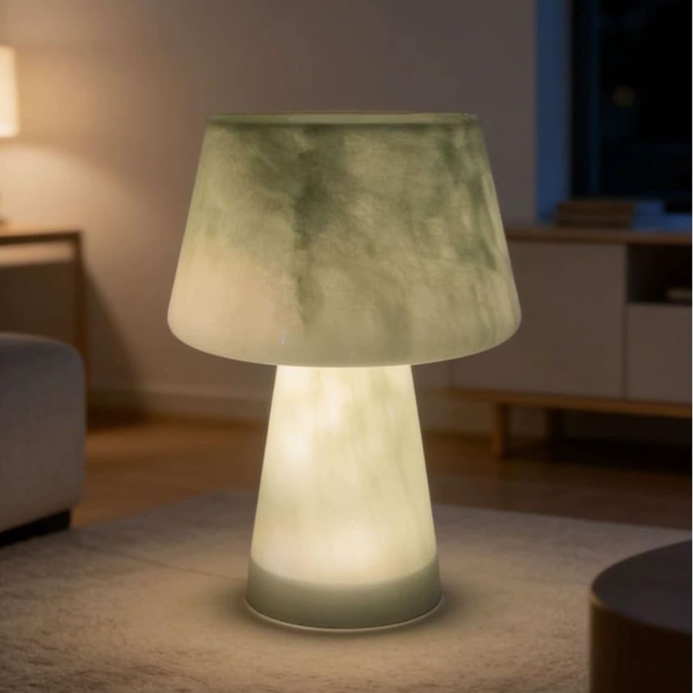 LOGT LED Mushroom Table Lamp, Indoor Rechargeable, Batery Powered Mushroom Lamp Glass Lampshade Orange Battery Lamplight Modern Mushroom Light with Switch 3000K Warm Light for Living Room,Green