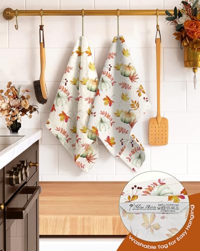 Image of Miss Adola 150GSM Flour Sack Kitchen Towels Set of 2, Pumpkin Leaf | 18 inchx26 inch, Lightweight, Lint-Free, Pure Cotton, Decorative, with Hanging Loop, Absorbent, Softer after Wash, Giftable Package
