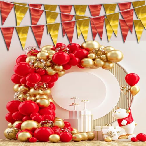 Image of 40M /130FT Red Gold Triangle Pennant Banner Flag Metallic Fabric Bunting Garland for Christmas Graduation Anniversary Birthday Engagement Wedding Anniversary Casino Party Decorations Supplies
