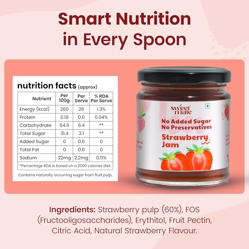 Image of Sweetmate Strawberry Jam - 220g | No Added Sugar | 100% Pure Fruit Pulp & Healthy Fiber | No Preservatives, Colors & Artificial Flavors | Diabetic & Keto Friendly Jam (Pack of 2)