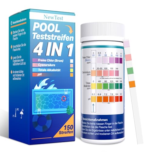 NewTest Pool Teststreifen 4-in-1-150 Stück Teststreifen Poolwasser Tester pH,Chlor,Brom,Cyanursäure,Totale Alkalinität für Pool Whirlpool Spa