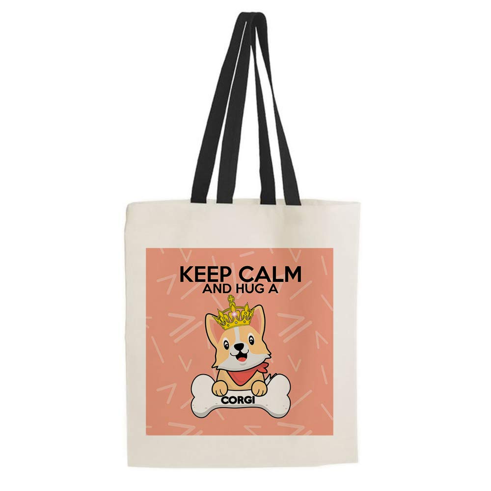 Keep Calm And Hug a Corgi Dog/Pet Themed Tote Bag-Cotton Shopping Bag. Gift For Christmas, Birthday Present, Gift Idea (Black Handle)