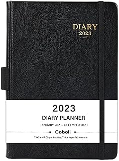 2023 Diary - Diary 2023, January 2023 - December 2023, Daily Journal with Leather Cover, Inner Pocket and Extra Note Pages, 21 x 14.8 cm, Black
