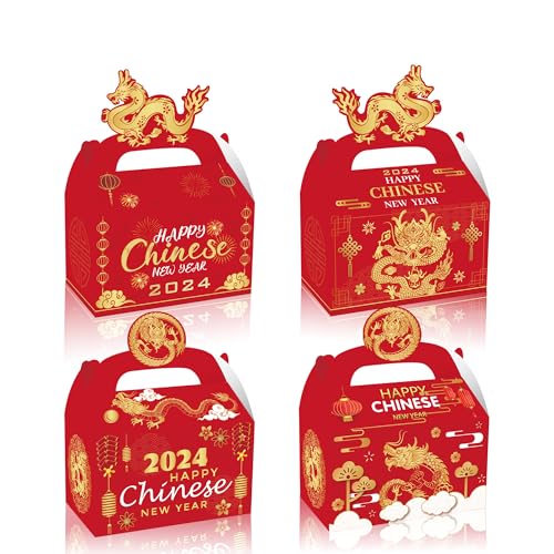 2024 Happy Chinese New Year Treat Box, 12pcs Spring Festival Red Goodie Candy Gift Boxes for Snack Sugar Chocolate,Rabbit Year Party Favors for Chinese New Year Festival Party Decorations