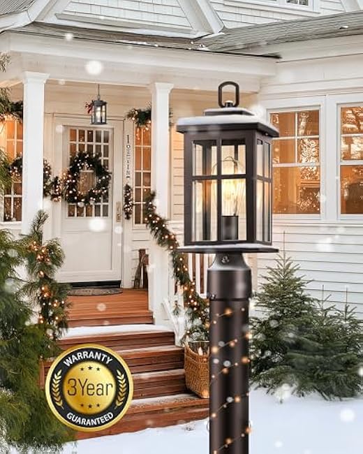 Dusk to Dawn Outdoor Post Lights, Bronze Outdoor Lamp Post with Pier Mount Base, Waterproof Lamp Posts Outdoor Lighting with Tempered Glass for Garden, Porch Patio(Hardwired 120V, Not Solar)