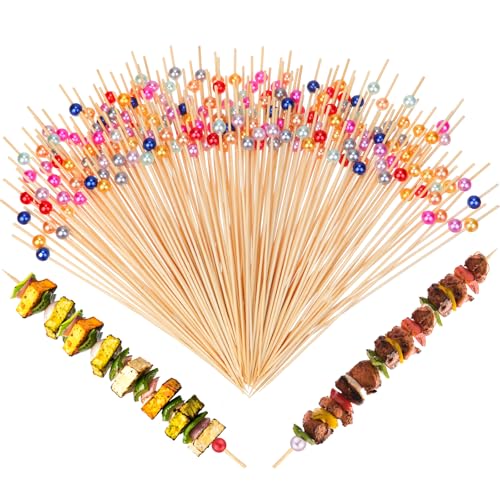 LOYIM 100 Pcs 8 Inch Long Cocktail Picks Fancy Toothpicks for Appetizer Bamboo Cocktail Sticks for Fruit Drink Dessert Barbecue Charcuterie Pearl Skewers for Wedding Birthday Baby Shower Party (Multi)