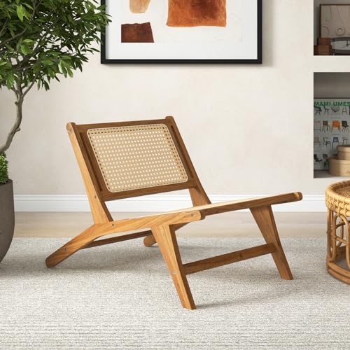 Sillón reclinable con ratán y madera teca marrón miniatura 2