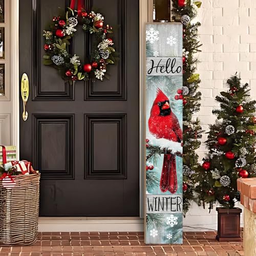 Winter Porch Sign, Christmas Sign for Front Porch, Cardinal Bird Wooden Sign Yard, Vertical Wood Sign Standing for Patio Front Door Porch, Hello Winter Holiday Home Party Entryway Yard Wall Decor Indoor Outdoor, 47x8 inch