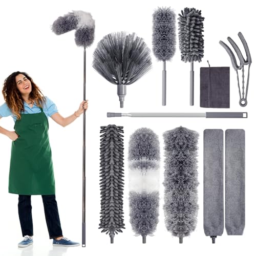 Staubwedel Teleskop Waschbar, Mikrofaser Staubwischer Ausziehbar bis 250 cm, Spinnwebenbesen mit Teleskopstiel, Staubbesen mit Verbiegbare Eckbesen, für Decken, Spinnweben, Deckenventilatoren, Lücken