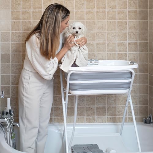 Beberoad Kleine Haustiere Badewanne, Multifunktionale zusammenklappbare Haustier Badewanne Mit Entwässerungsrohr, Tragbar Badewanne für kleine bis mittelgroße Hunde und Katzen (gräulich-weiß)