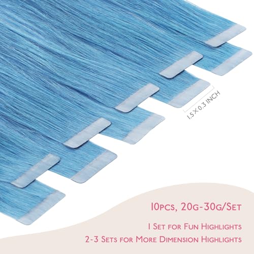 Image of WENNALIFE Tape in Hair Extensions Human Hair SkyBlue Tape in Extensions, 10pcs 25g 14 inch Remy Invisible Tape Ins Straight Colored Soft Real Human Hair Tape in Extensions Refill Set Extensions