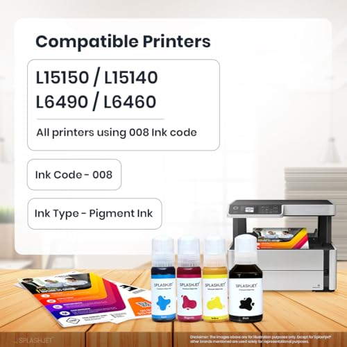 Image of Splashjet 008 Compatible Refill Pigment Ink for Epson L15150, L15160, L6550, L6570, L6580 Printer - Compatible Ink Bottle for Epson 008 Ink Code - (120gm x 1Black) Ink Bottle - 501807