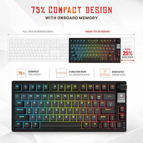 Image of EvoFox Ronin Wired Mechanical Gaming Keyboard, 9 Layer Structure, Gasket Mount, 2 Layer Sound Dampening, 75% Layout, Red Switches, Hot Swappable, Per-Key RGB, nKey Rollover, Windows Software-Black