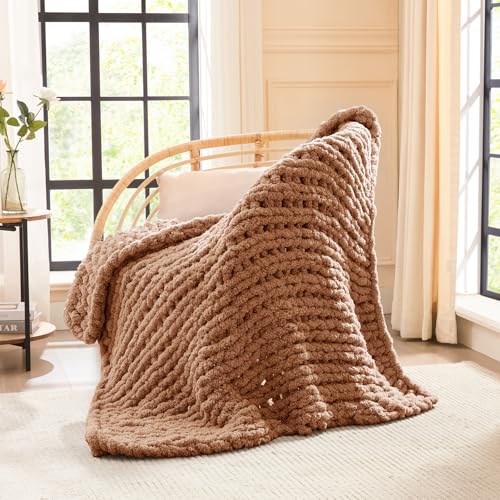 Image of L'AGRATY Chunky Knit Throw Blanket for Couch, 40'' x 50'' Knit Throw, Brown