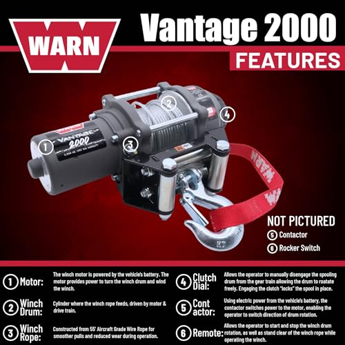 Image of WARN Vantage 2000 12V DC Electric Winch for ATV UTV Side-by-Side - 2000 lb Pulling Capacity, 55 Ft Steel Wire Rope, Fully Sealed Motor, Planetary Gear System, Roller Fairlead (Model 108212)