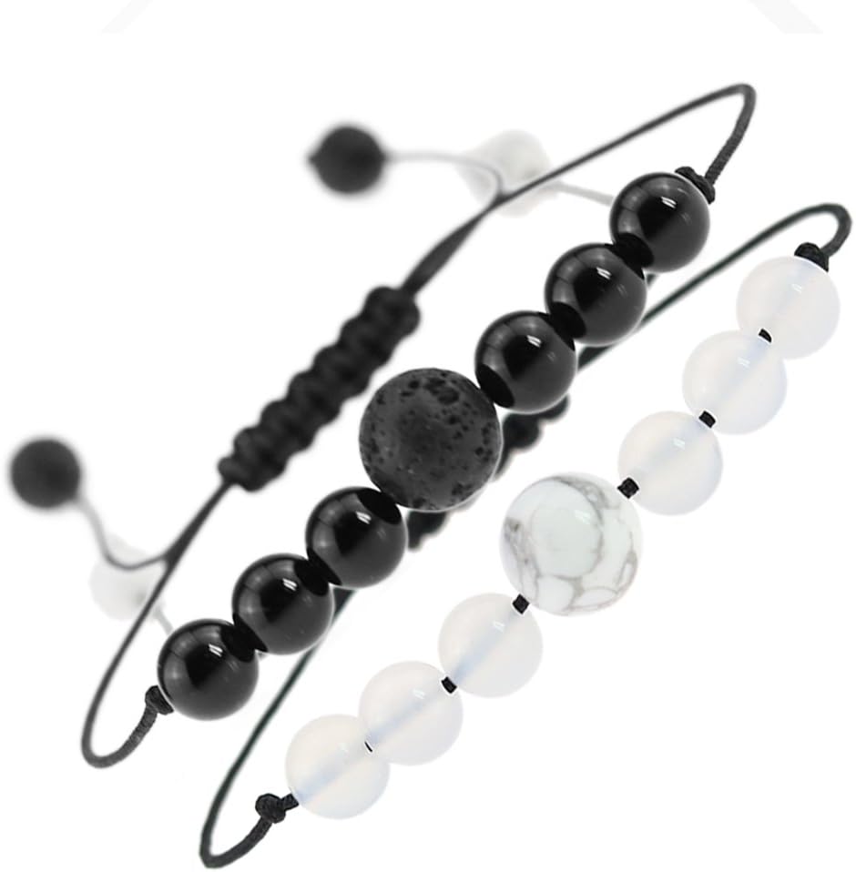 Aromatherapy Diffuser Bracelet Adjustable For Anxiety / White Howlite Lava Stone Diffuser Bracelet / Vitality Extracts Essential Oil Bracelet / Moonlight Stone Black Tourmaline Bracelet For Women, Set 2