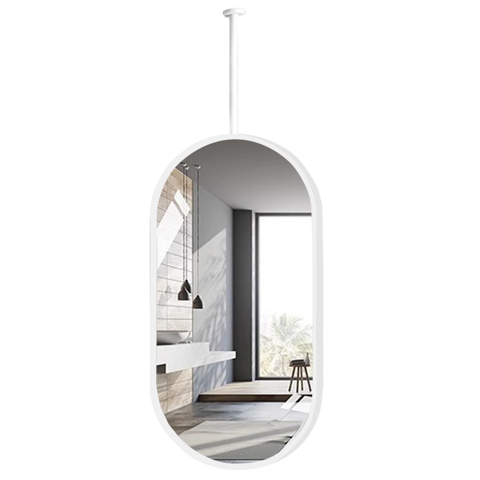 Miroir de Plafond Ovale 50x70 cm avec Cadre Métal Blanc pour Salle de Bain