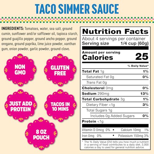 Image of SOMOS Taco Simmer Sauce - Taco Sauce with Tomatoes, Cumin, & Mild Red Chiles - Gluten Free - Plant Based - Non-GMO - All Natural - Perfect for Beef, Chicken, & More - 8oz (6 Pack)