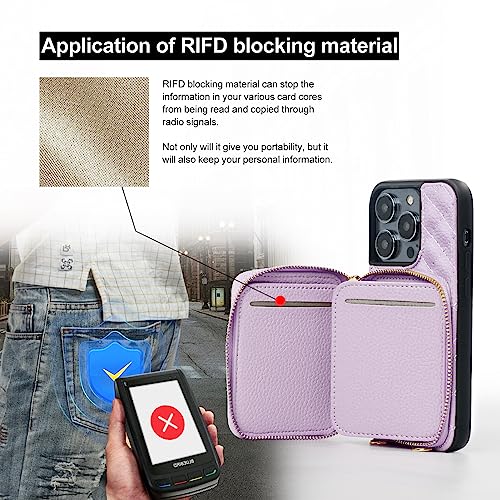 Image of LUCKYCOIN Crossbody Wallet Case for iPhone 14 Pro,RFID Blocking Leather Zipper Handbag Purse Flip Cover,Folio Case with Card Holder 6.1 in Purple