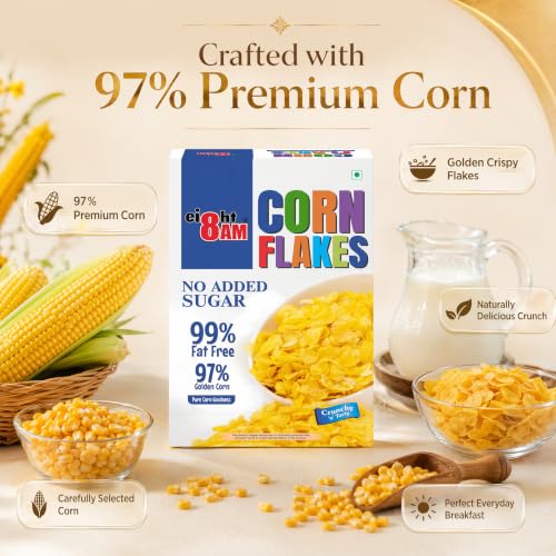 Image of 8AM Corn Flakes 500 Gram, No Added Sugar, 97% Corn, 99% Fat Free, No Cholesterol, Trans Fat, Artificial Additives, Vitamins B1, B2, B3, B6, B9, Iron, Calcium, Breakfast Cereal