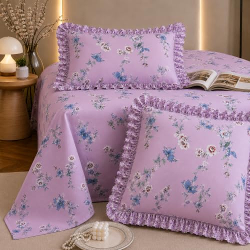 Image of Fitted Bedsheet Queen Size 300 TC Soft Cotton Feel Microfiber All Around Elastic Fitted Double Bedsheet with 2 Frill Pillow Covers | Size (60x78) Pink Lily