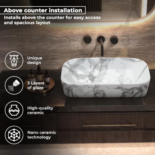 Image of Plantex Ceramic Tabletop Washbasin for Bathroom /Designer Counter Top Hand Wash Basin /Rectangle Bathroom Sink for Home /Office (21.5x14x5 Inch -Marble Finish)
