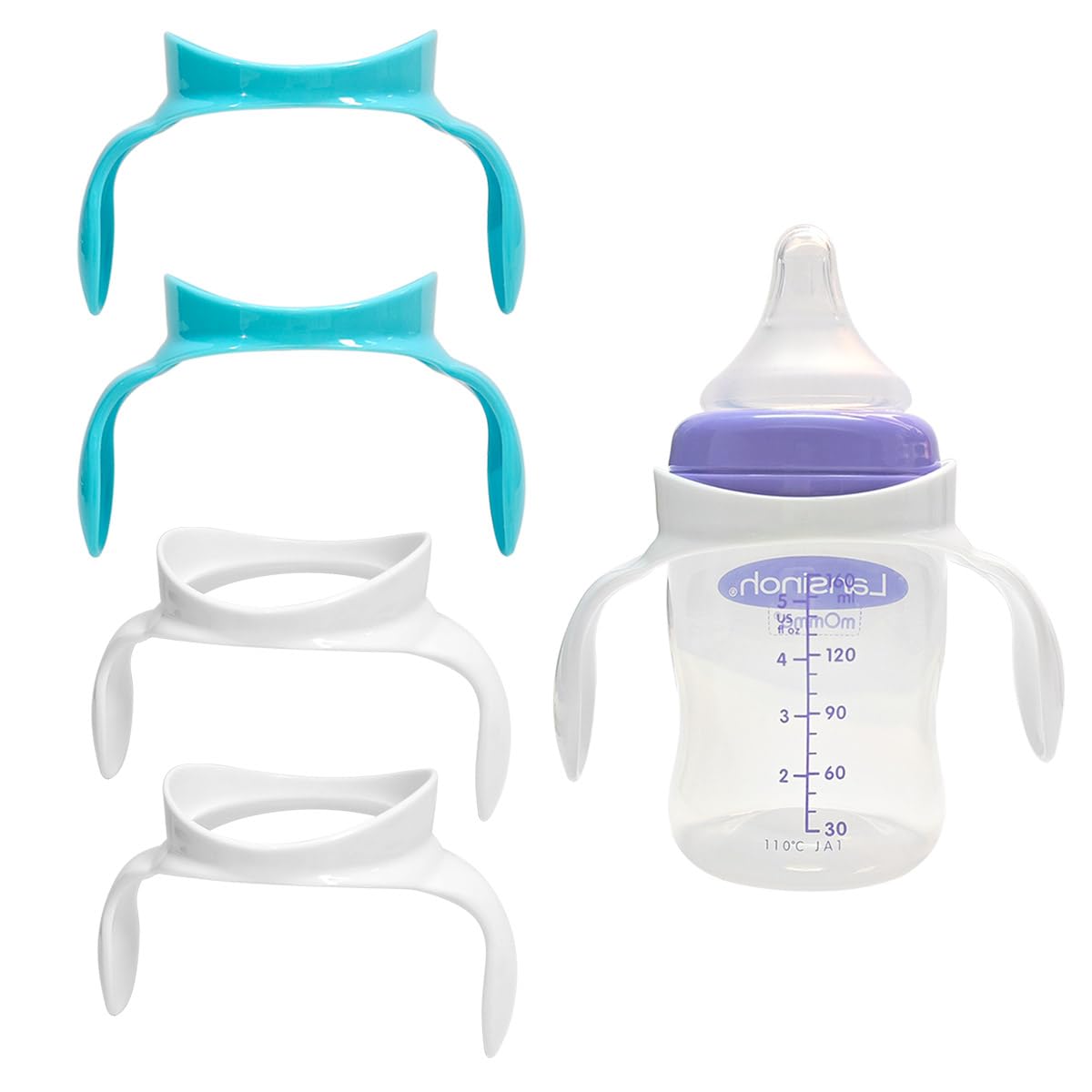 Baby Bottle Handles Compatible with Lansinoh Baby Bottles, for Ergonomic Lansinoh Bottle Holder for Newborn, 4 Pack (White & Blue)