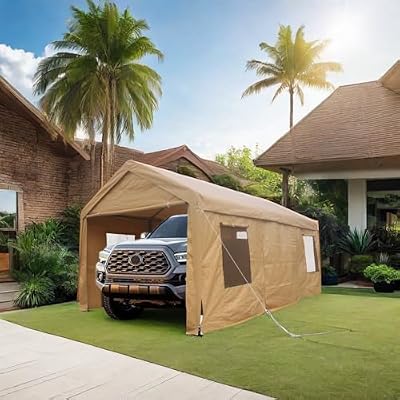 JIJIWANG Outdoor Carport 10x20ft Heavy Duty Canopy Storage Shed with Removable Sidewalls & Doors,Portable Garage Party Tent with Roll-up Windows for Car,Truck,SUV,Car Canopy with All-Season Tarp,Sand