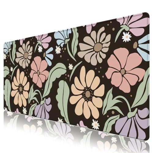 ARTSO Black Large Desk Mat,XXL Gaming Mouse Pad,Non Slip Desk Pad with Rubber Base,Floral Extended Keyboard Mat with Stitched Edges for Office Home School