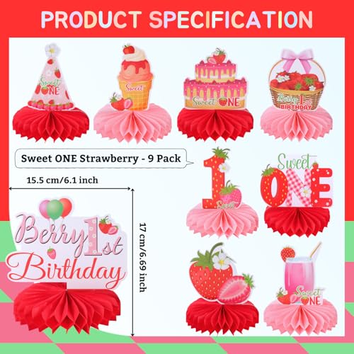 Image of 9pcs Strawberry 1st Birthday Honeycomb Centerpieces First Birthday Party Decorations for Girls Sweet ONE Strawberry Table Centerpieces Baby Shower One Birthday Table Topper Sign Decorations