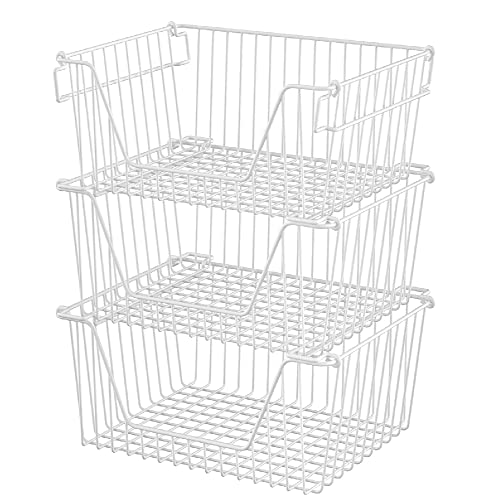 Slideep 14" Large Bin Baskets Stacking Baskets Sturdy Metal Wire Storage Baskets Organization with Handles for Pantry, Kitchen, Closets, Bathroom, Cabinets, Kitchen,White, Set of 3