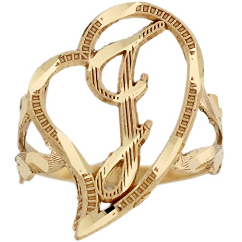 Jewelry Liquidation 10k Real Gold Cursive Letter J Diamond Cut 2.3cm Unique Heart Initial Ring