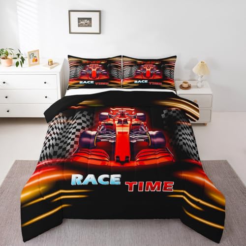 Image of Feelyou Kids Race Car Comforter Set Toddler Size, Racing Sports Duvet Insert Boys Girls Black Red Ombre Bedding Set Teens Bedroom Decor with 1 Pillow Case
