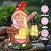 FLJZCZM Solar Garden Gnome Statue Holding LED Lantern with Welcome Sign Outdoor Ornaments Waterproof Christmas Decoration for Outside Patio Yard Lawn Decor (Pink)